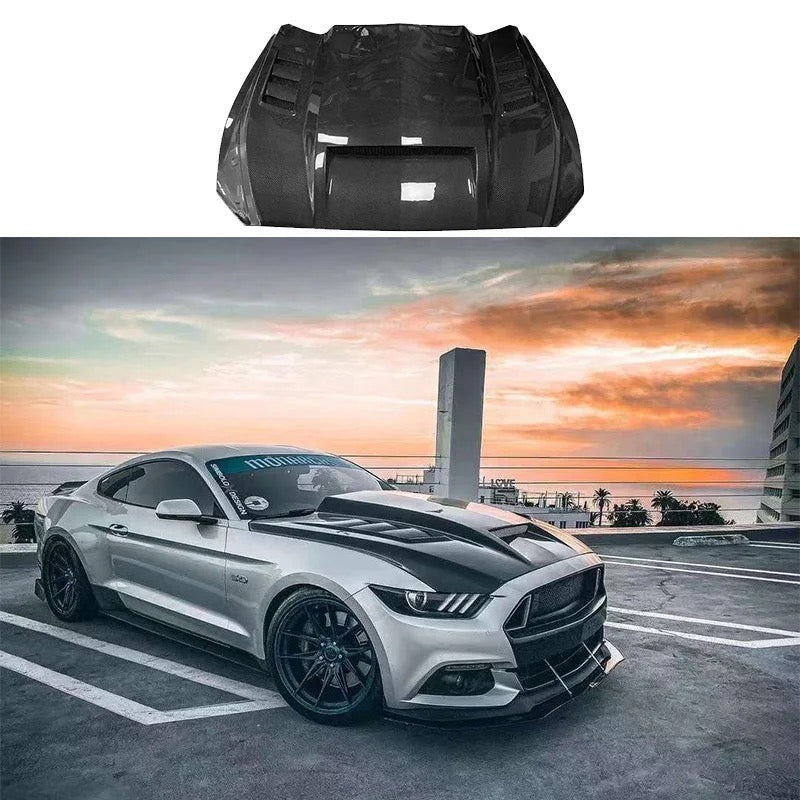 OAC Carbon Fiber Cowl Hood w Front Engine Bonnet & Vents For 15-23 Ford Mustang (Single/Double Sided)